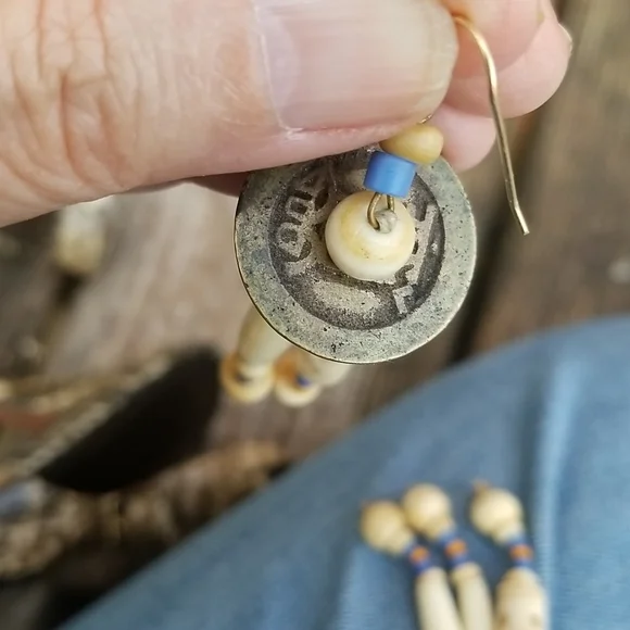 Beautiful Boho Asian Earrings with antique  coins and intricate carved beads - Picture 6 of 7